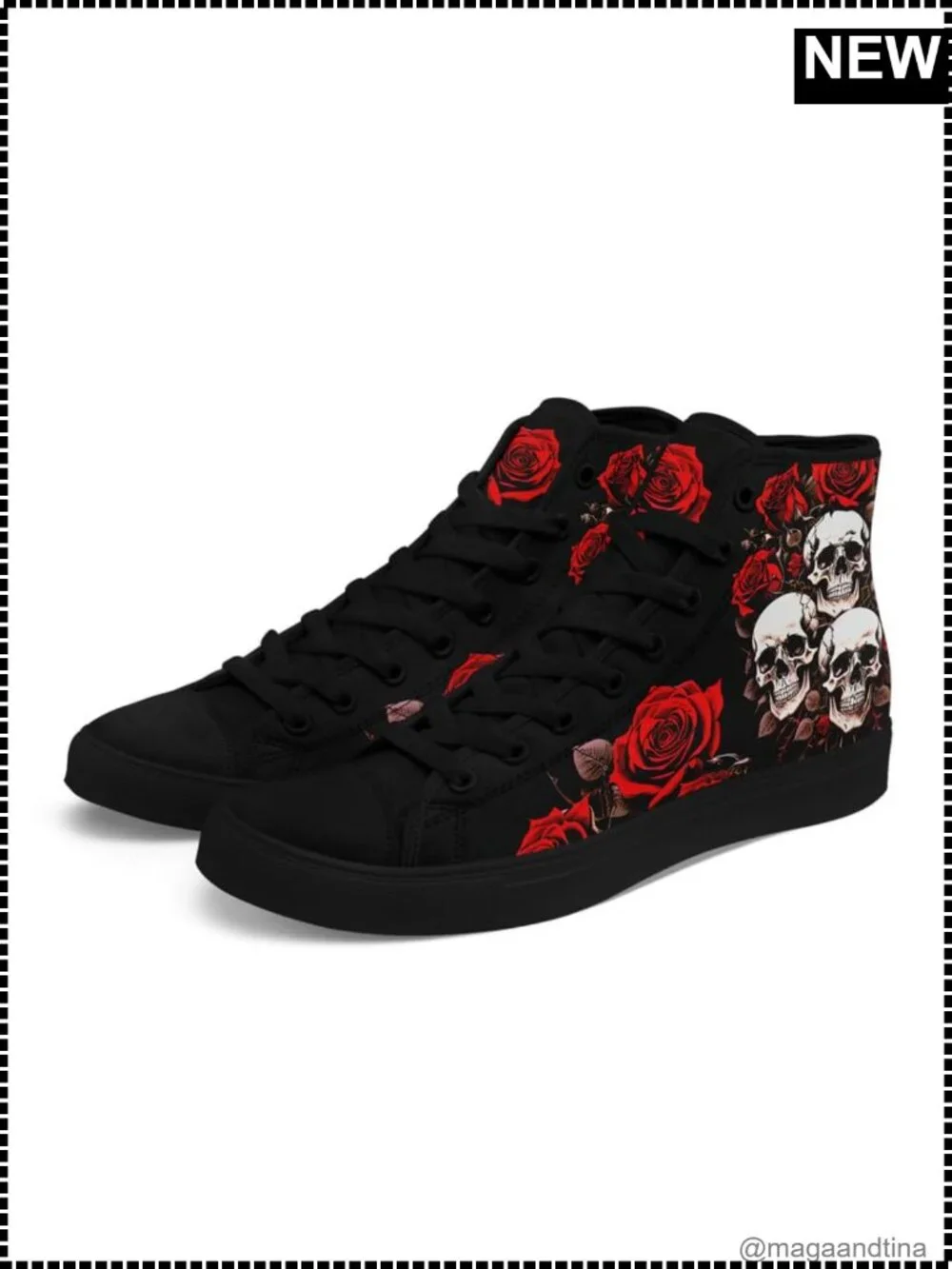 Skull Print High Top Canvas Sneakers Lace Up Gothic Streetwear Shoes
